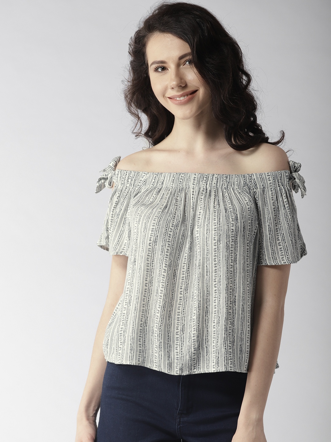

FOREVER 21 Women Off-White & Navy Blue Printed Bardot Top