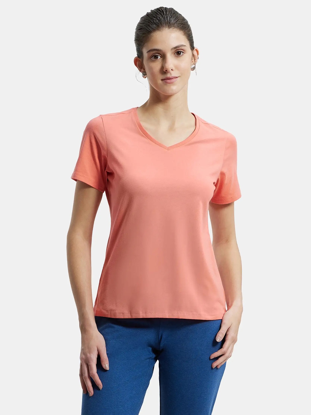 

Jockey Women Peach-Coloured Solid V-Neck Lounge T-shirt 1359-0105