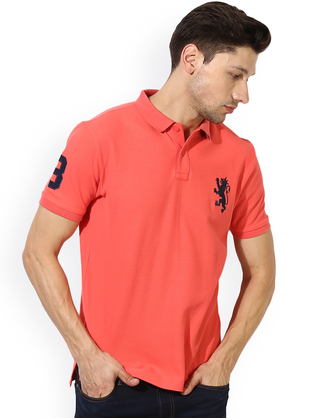 

Red Tape Men Coral Red Solid Polo Collar T-shirt