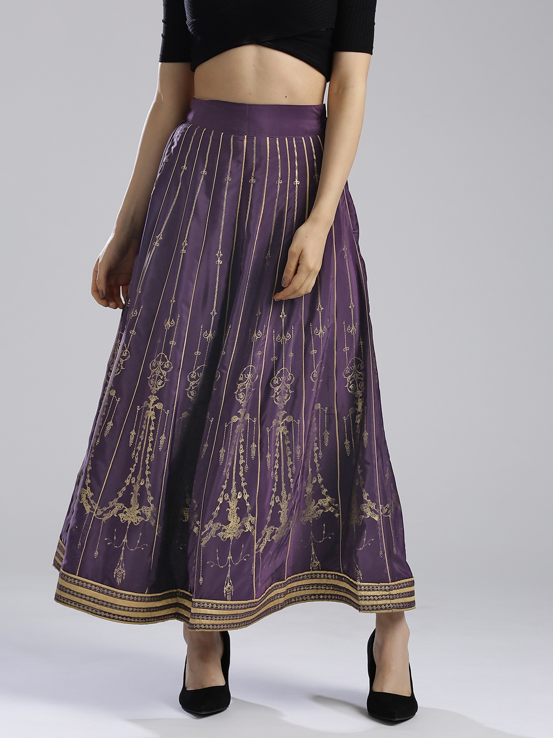 

WISHFUL by W Women Purple & Gold-Toned Maxi Flared Skirt