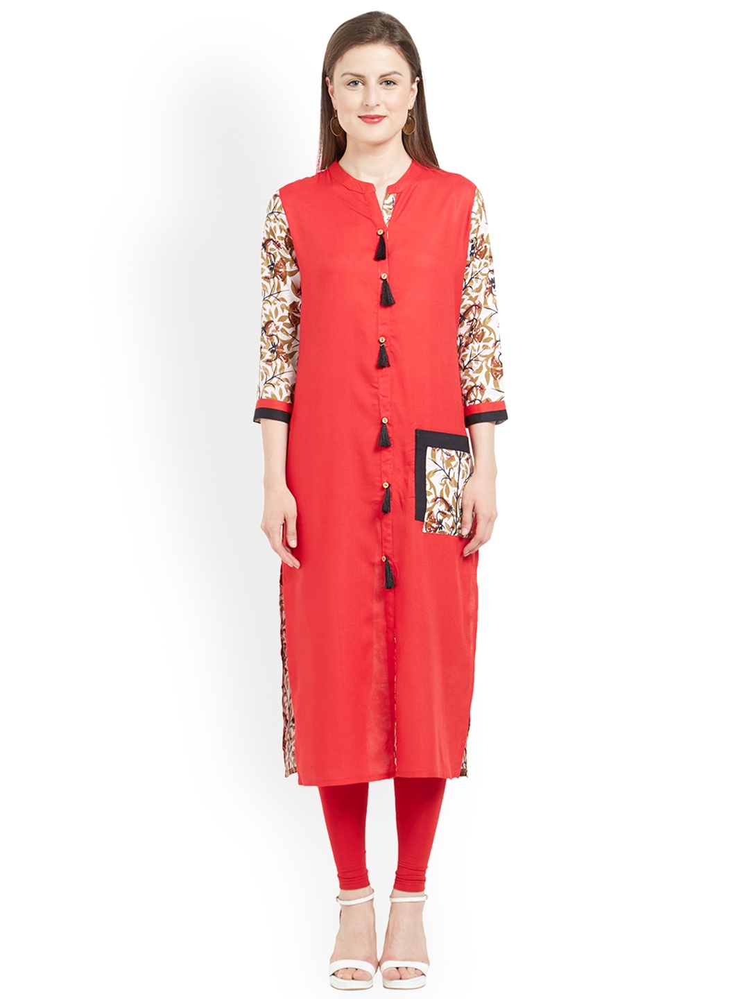

Kvsfab Women Red & Off-White Printed A-Line Kurta