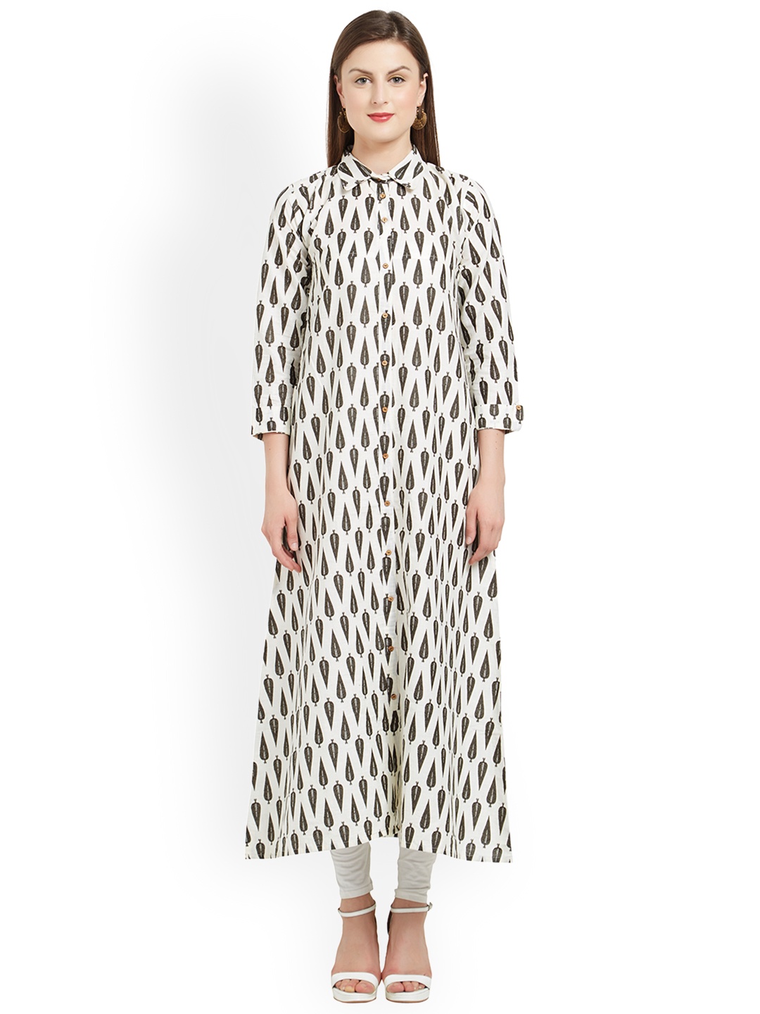 

Kvsfab Women Off-White & Brown Printed A-Line Kurta