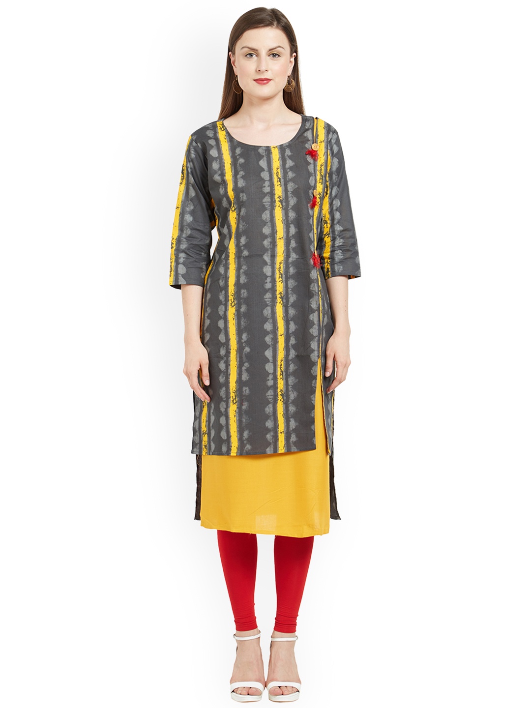 Kvsfab Women Grey & Yellow Printed Straight Kurta