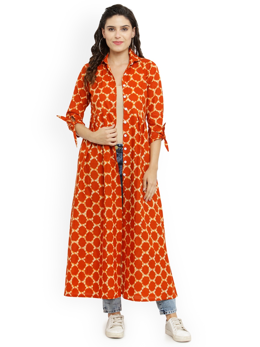 

Indibelle Orange & Off-White Printed Open Front Shrug