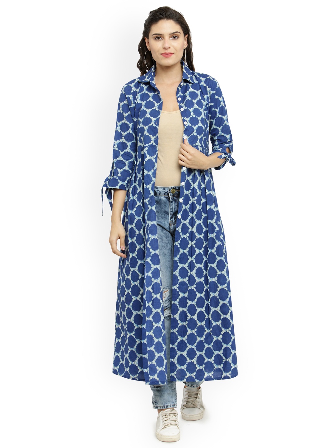 

Indibelle Blue & Off-White Printed Open Front Shrug