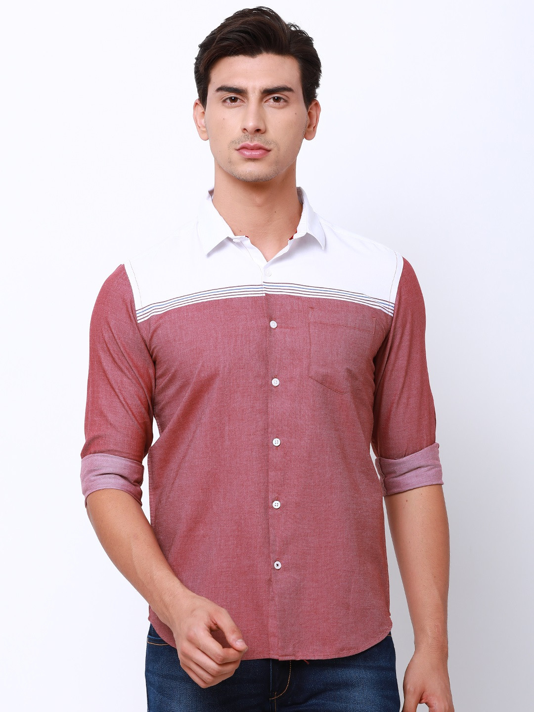 

Black coffee Men Maroon & White Slim Fit Colourblocked Casual Shirt