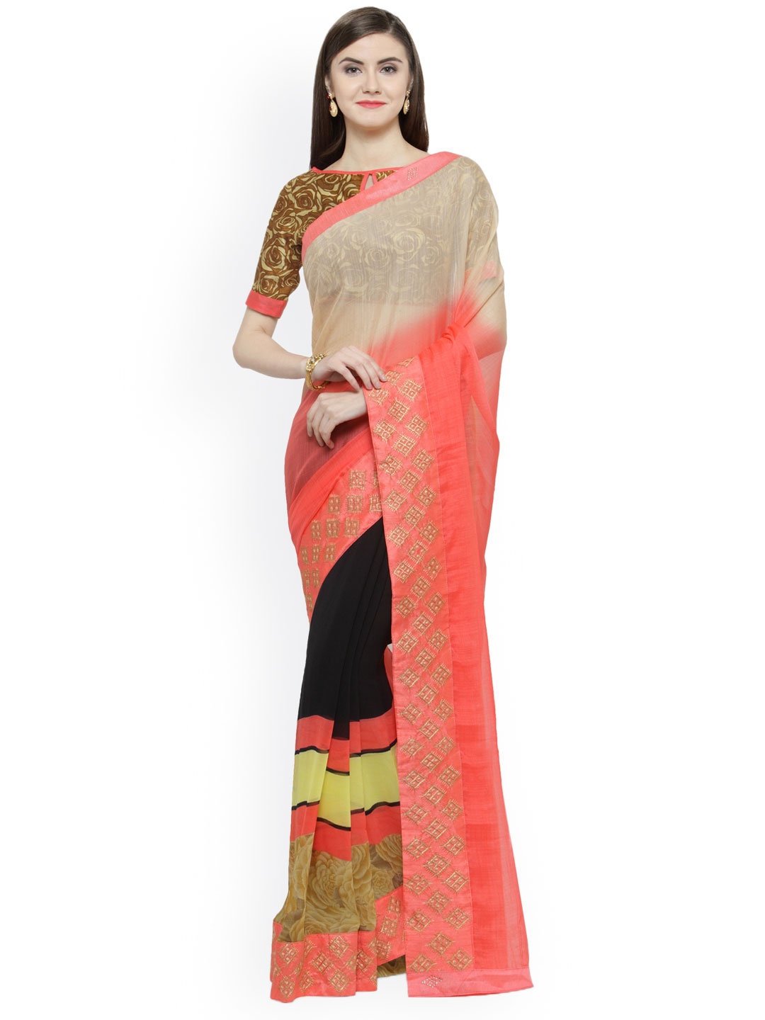 

Shaily Peach-Coloured & Cream-Coloured Pure Chiffon Printed Saree