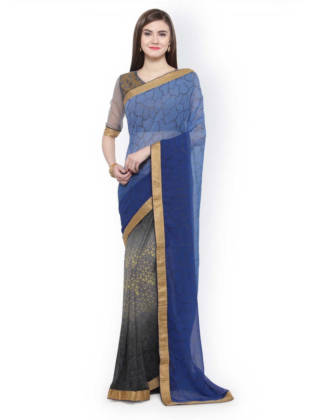 

Shaily Blue & Grey Pure Georgette Embroidered Saree