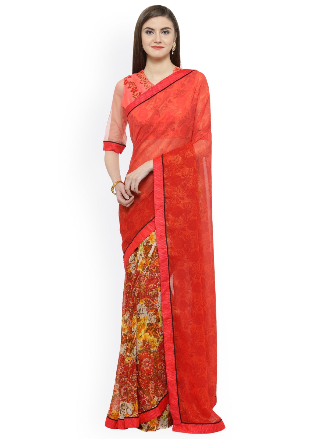 

Shaily Red & Orange Pure Georgette Printed Saree