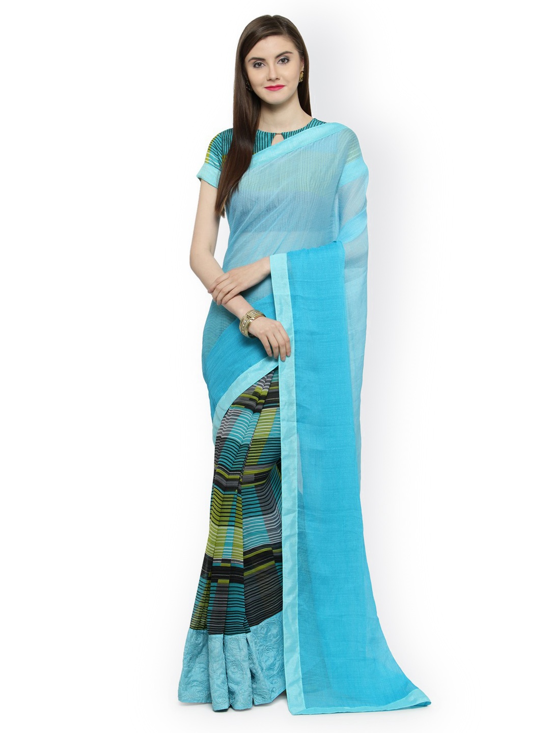 

Shaily Blue & Green Pure Chiffon Solid Saree