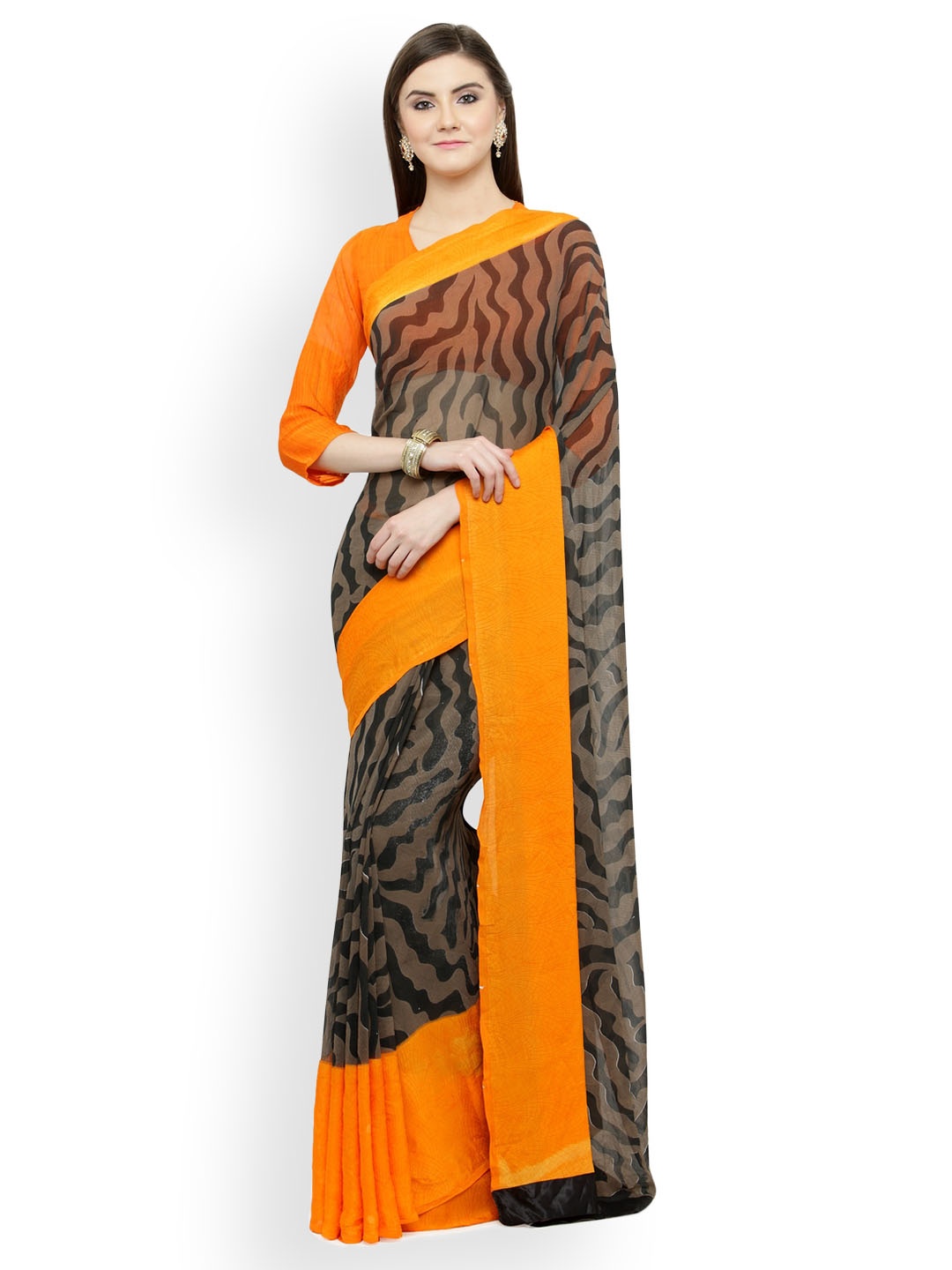 

Shaily Black & Orange Satin Printed Saree
