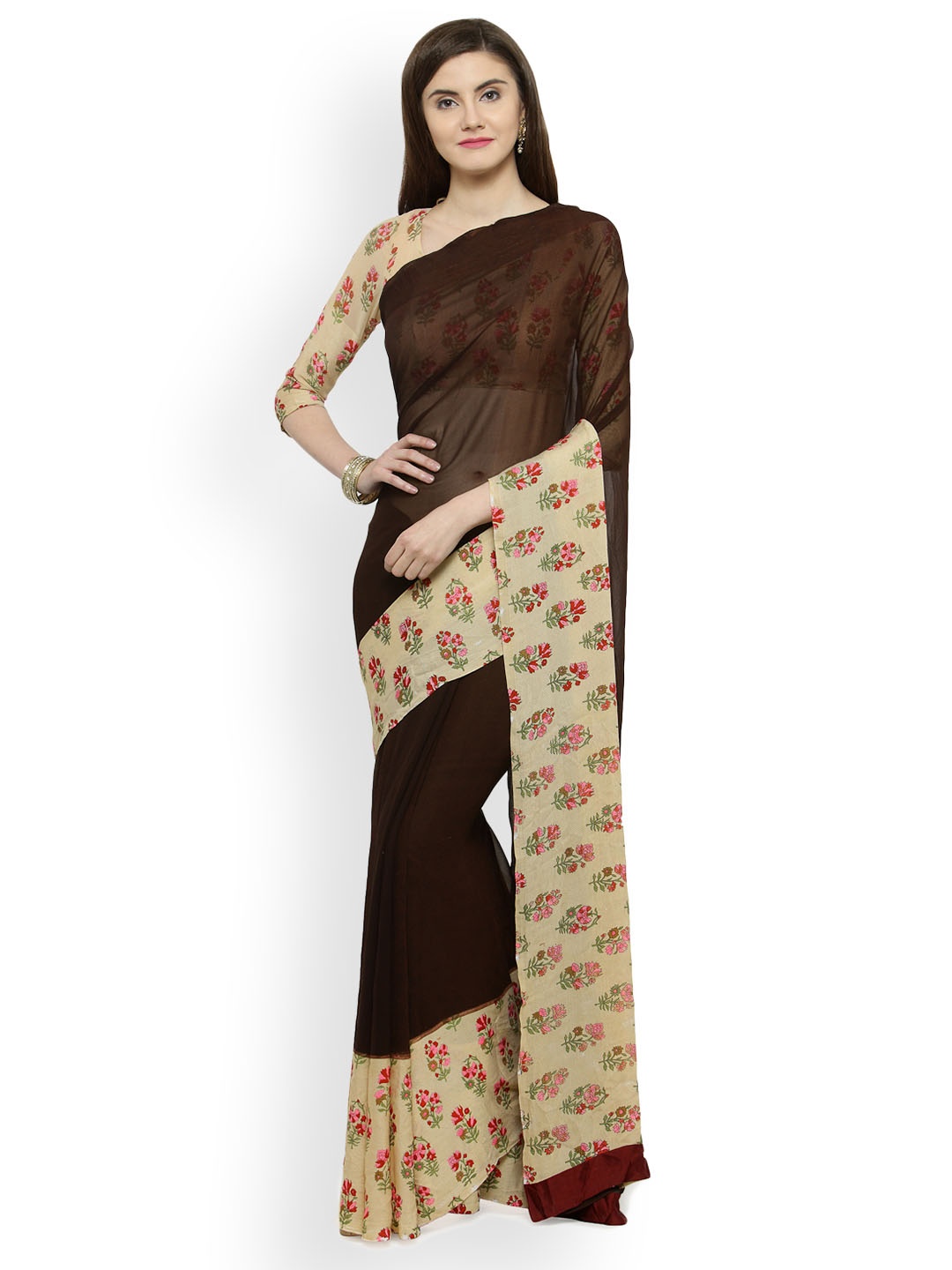 

Shaily Brown & Beige Satin Solid Saree