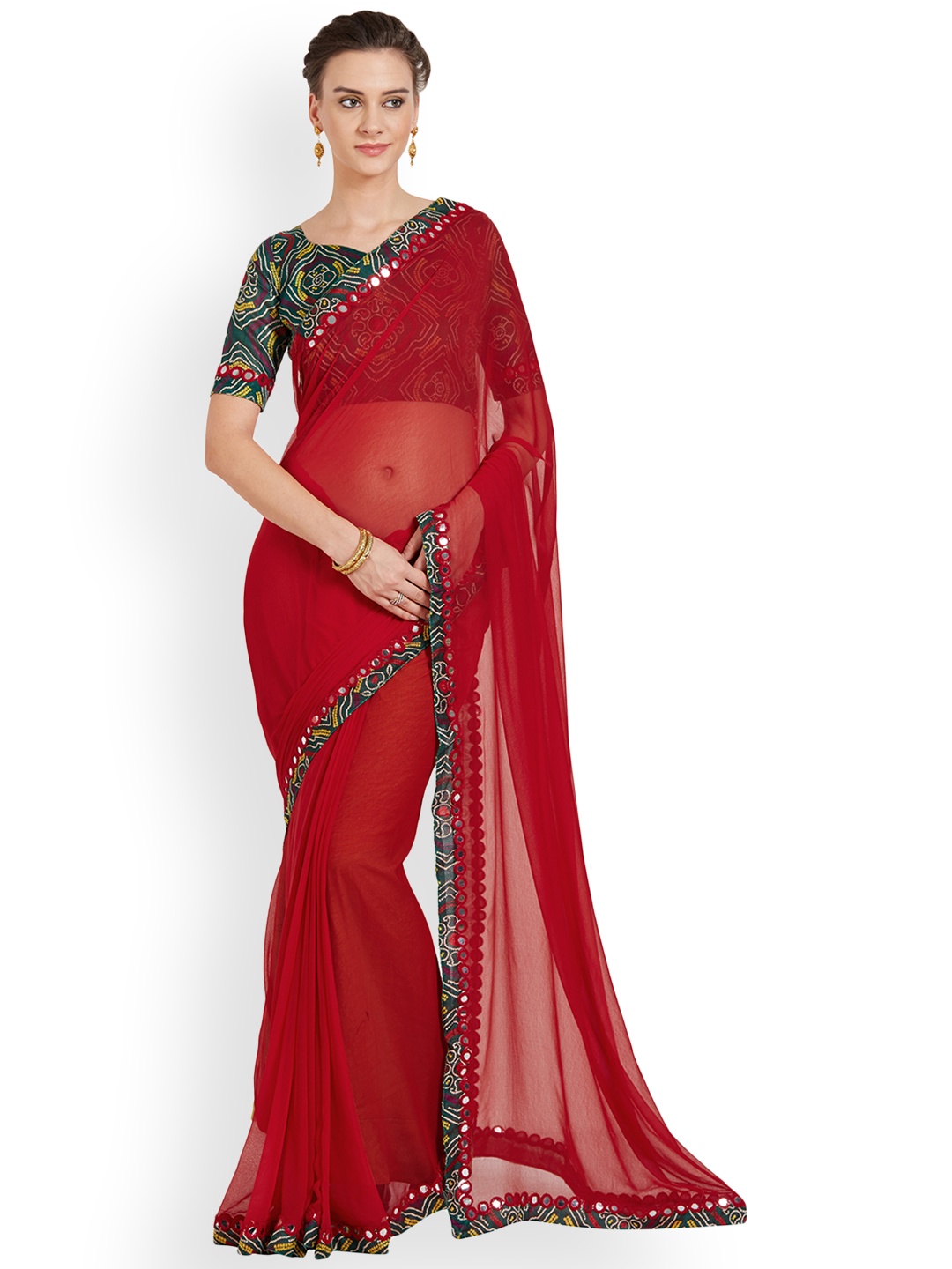 

MIRCHI FASHION Red Embellished Poly Chiffon Saree