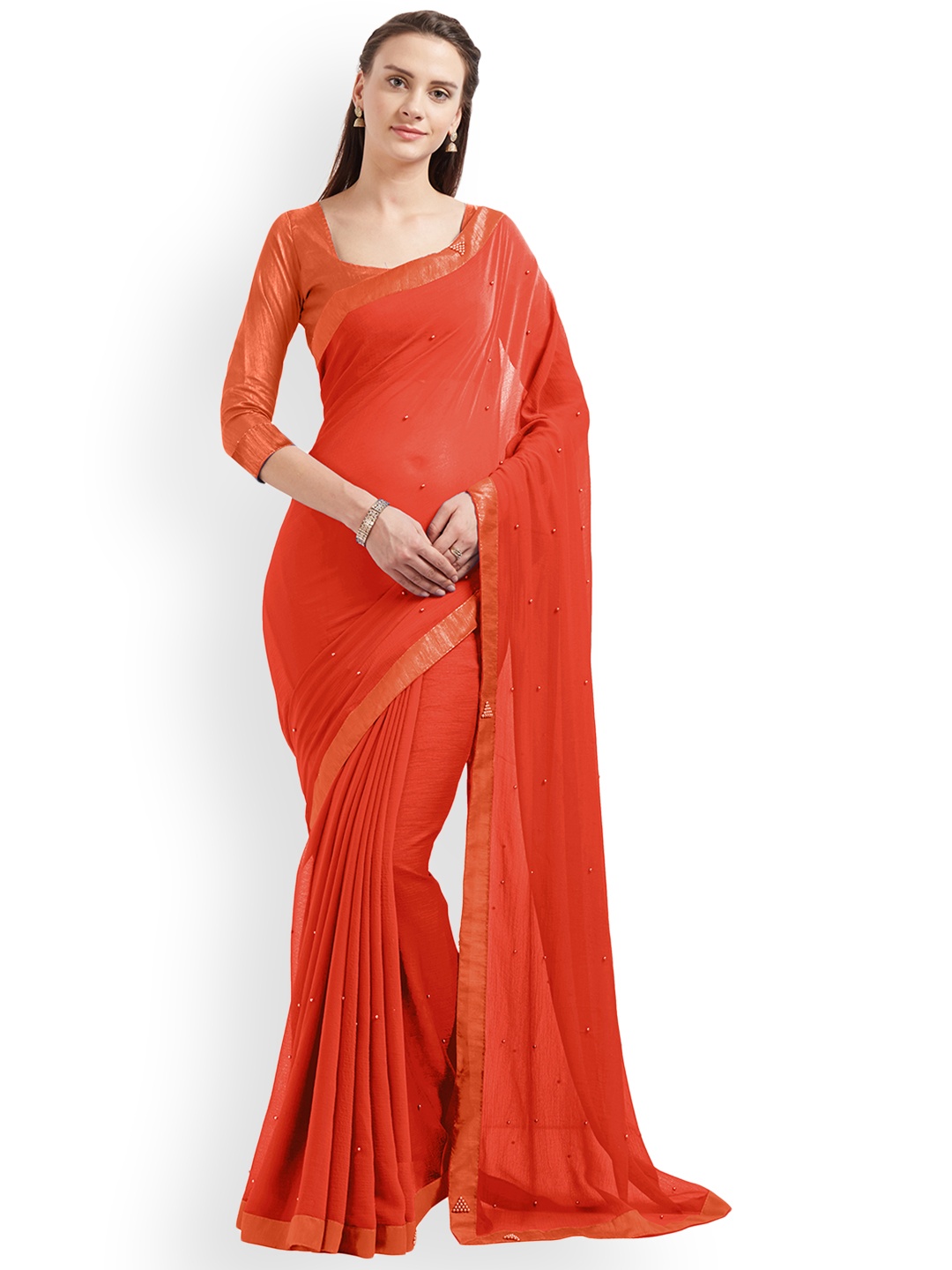 

MIRCHI FASHION Orange Solid Poly Chiffon Saree