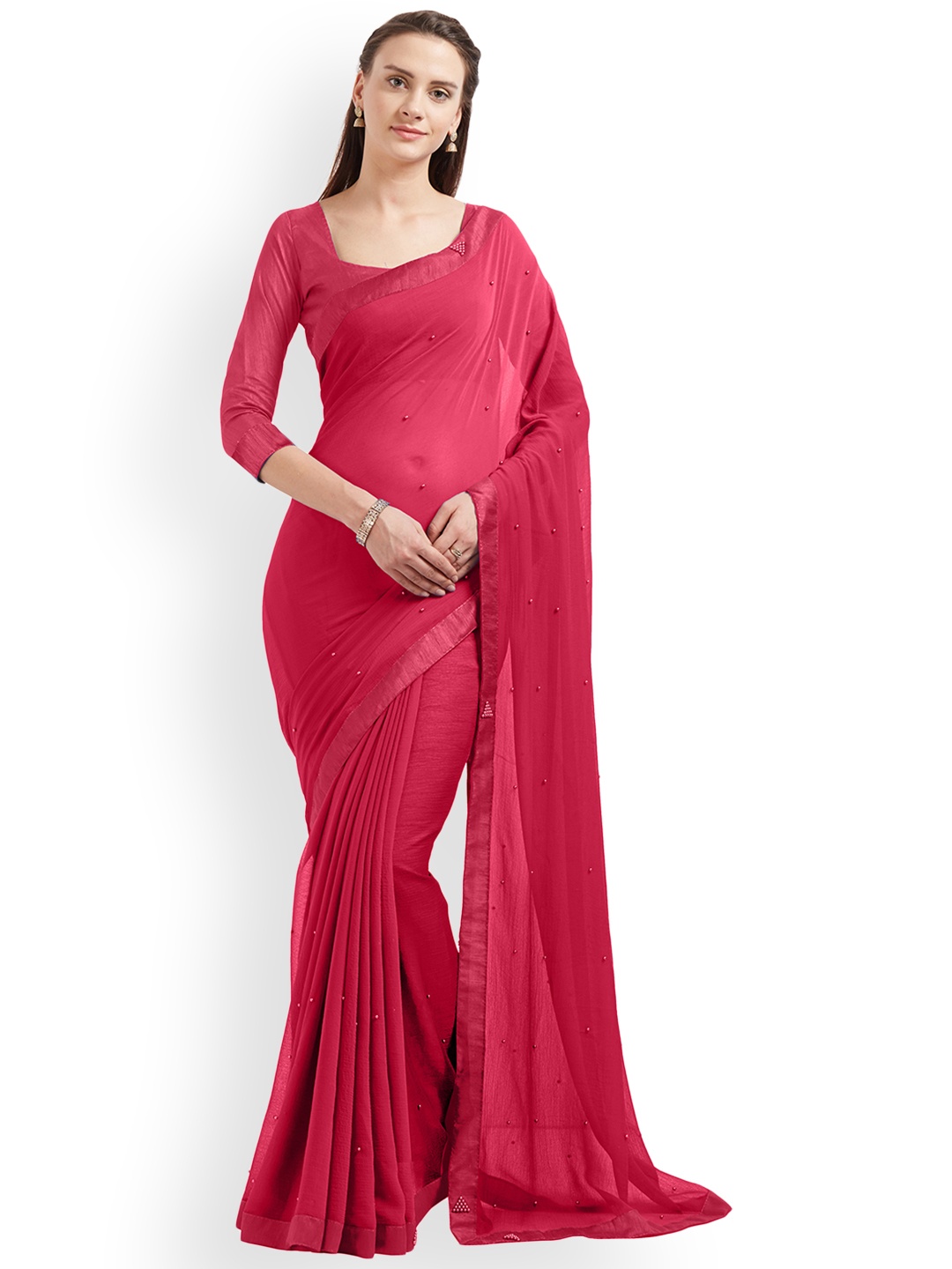 

MIRCHI FASHION Pink Solid Poly Chiffon Saree