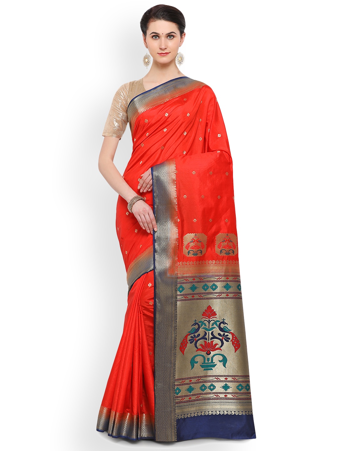 

Varkala Silk Sarees Red Cotton Blend Solid Banarasi Saree