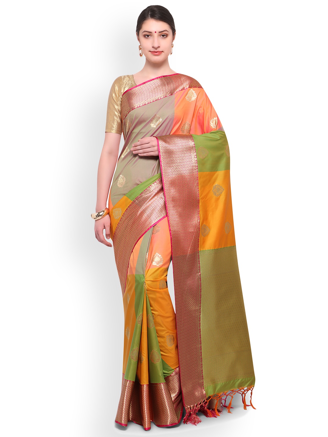 

Varkala Silk Sarees Multicoloured Colourblocked Silk Blend Kanjeevaram Saree, Multi