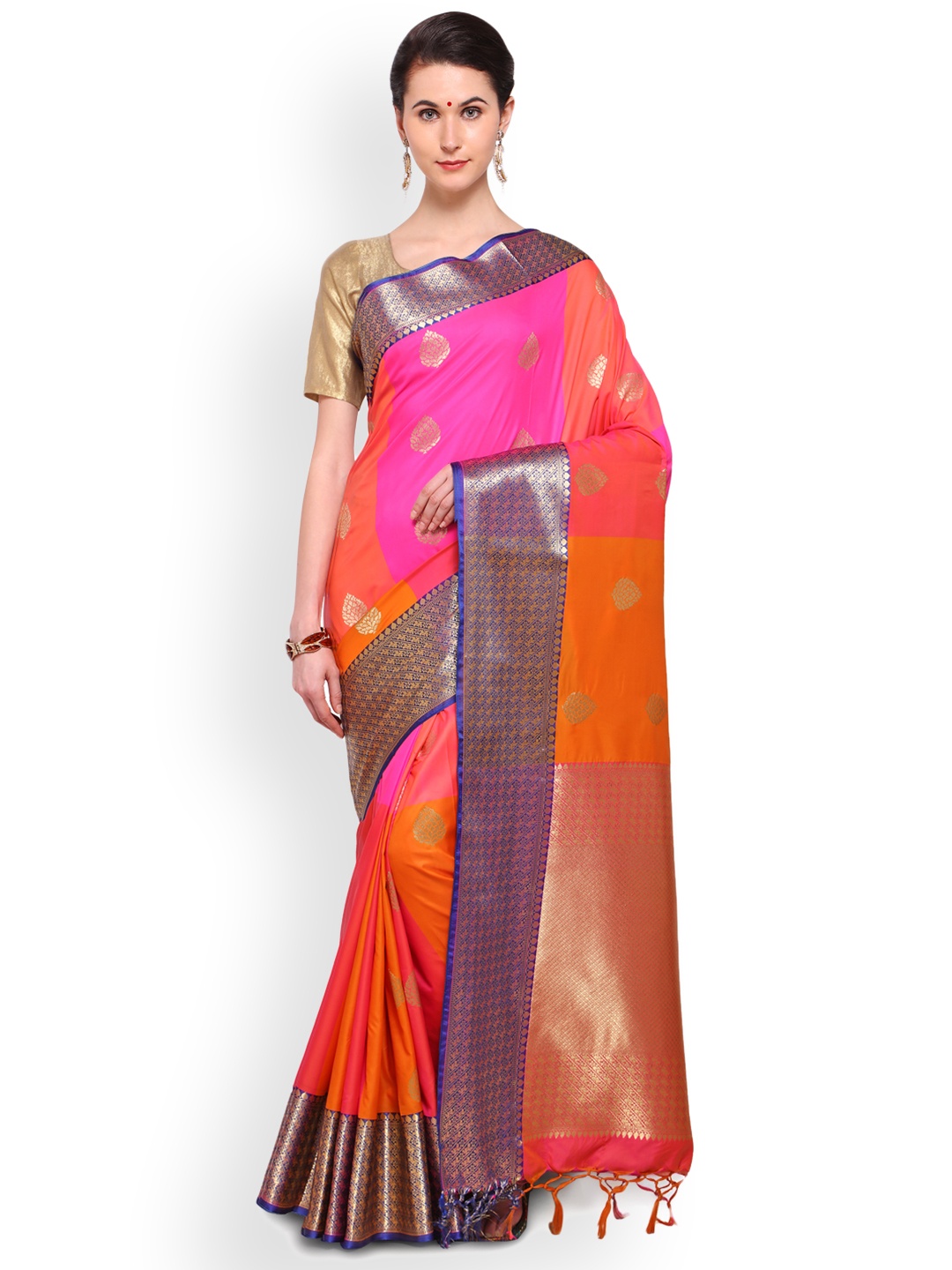 

Varkala Silk Sarees Orange & Pink Silk Blend Woven Design Kanjeevaram Saree