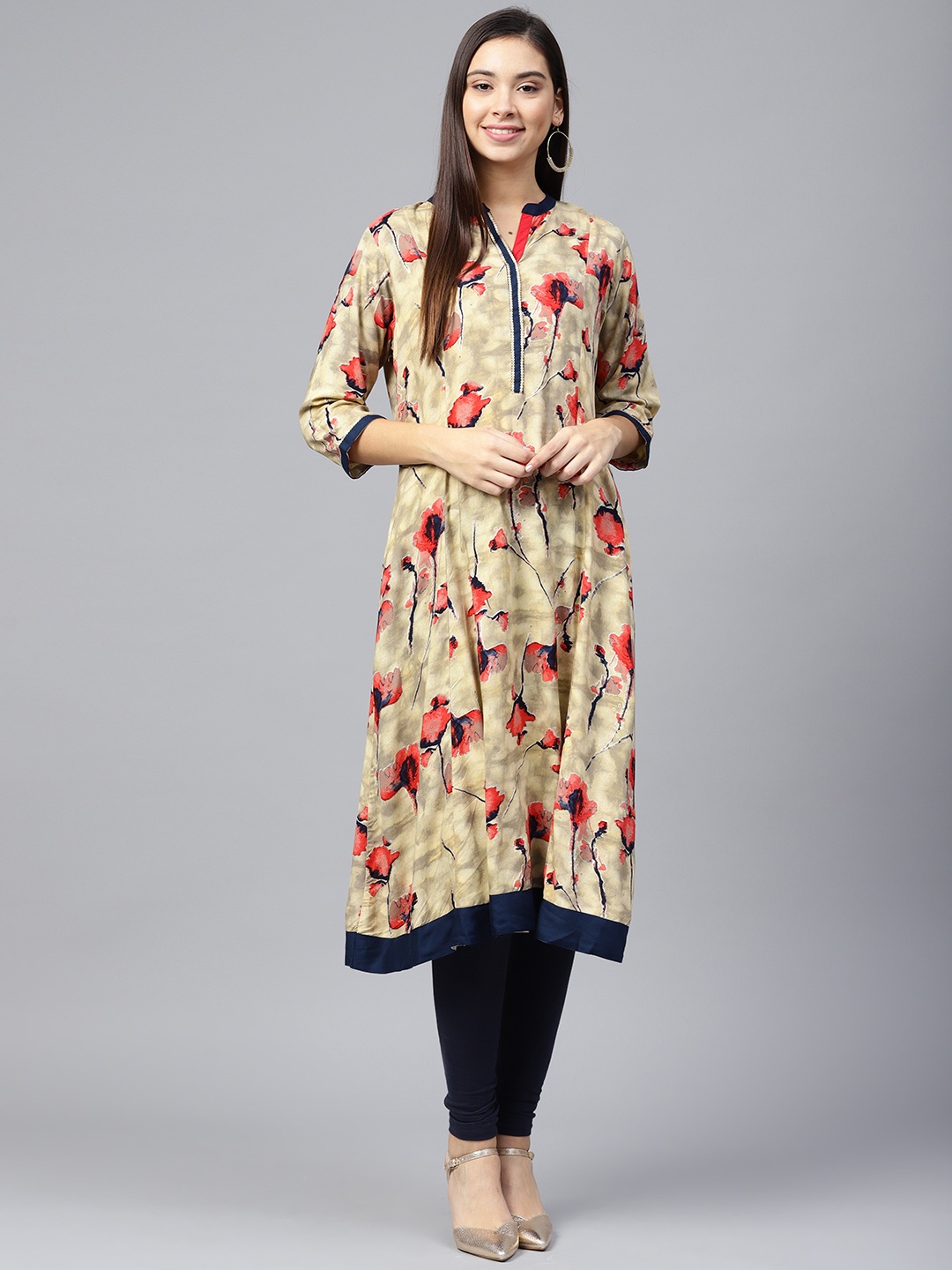 Shree Women Beige & Coral Red Rayon Printed A-Line Kurta