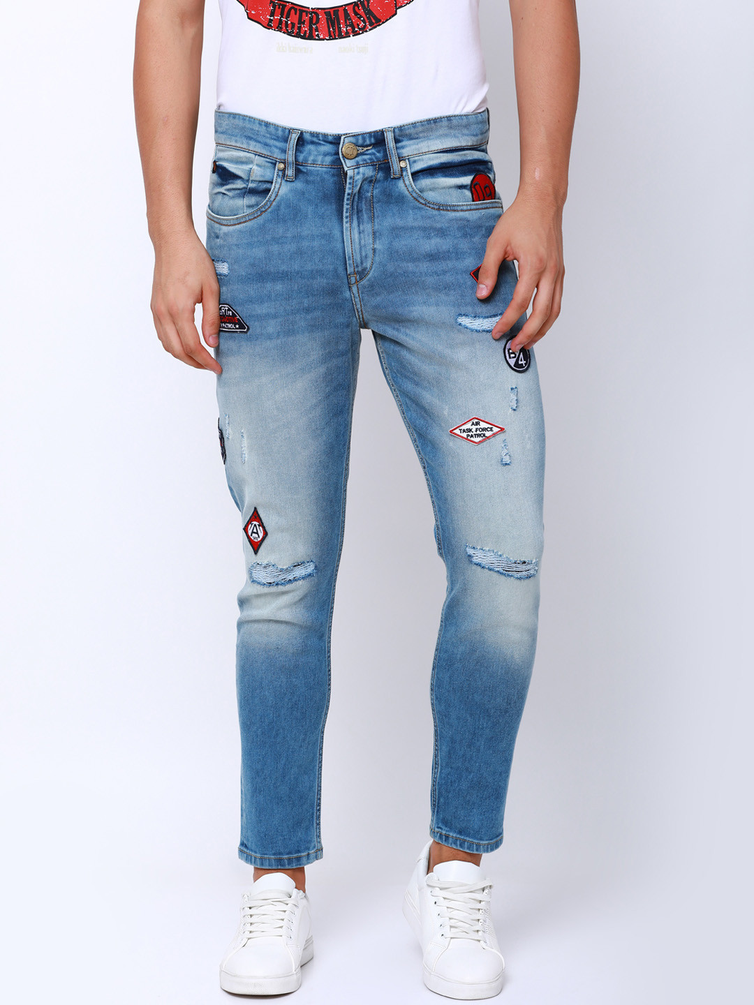

LOCOMOTIVE Men Blue Tapered Fit Mid-Rise Low Distress Stretchable Jeans