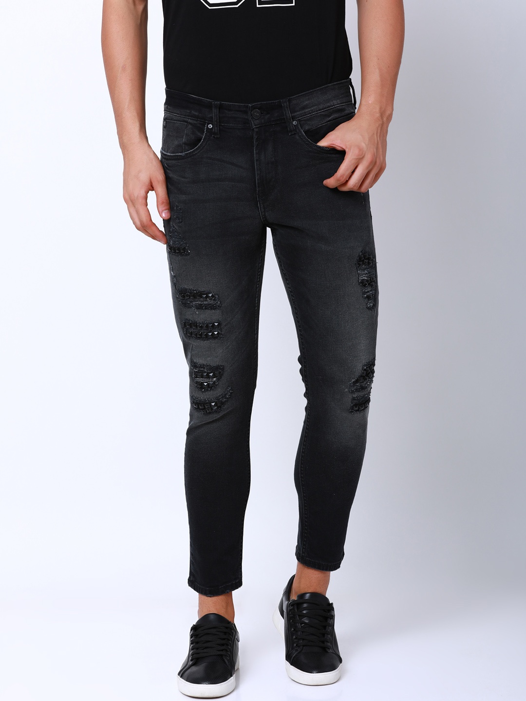 

LOCOMOTIVE Men Black Tapered Fit Mid-Rise Highly Distressed Stretchable Jeans