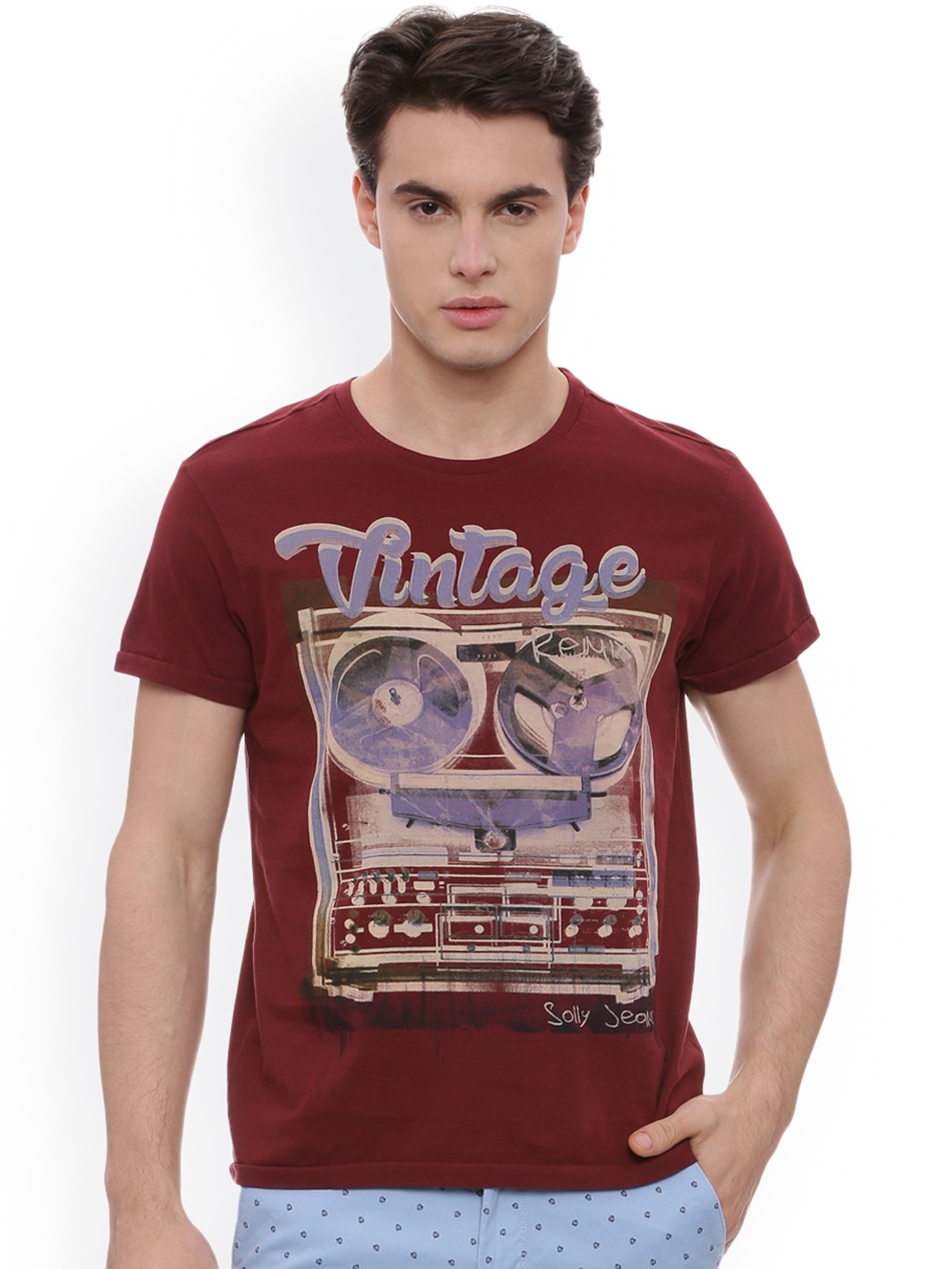 

Solly Jeans Co. Men Maroon Printed Round Neck Slim Fit T-shirt