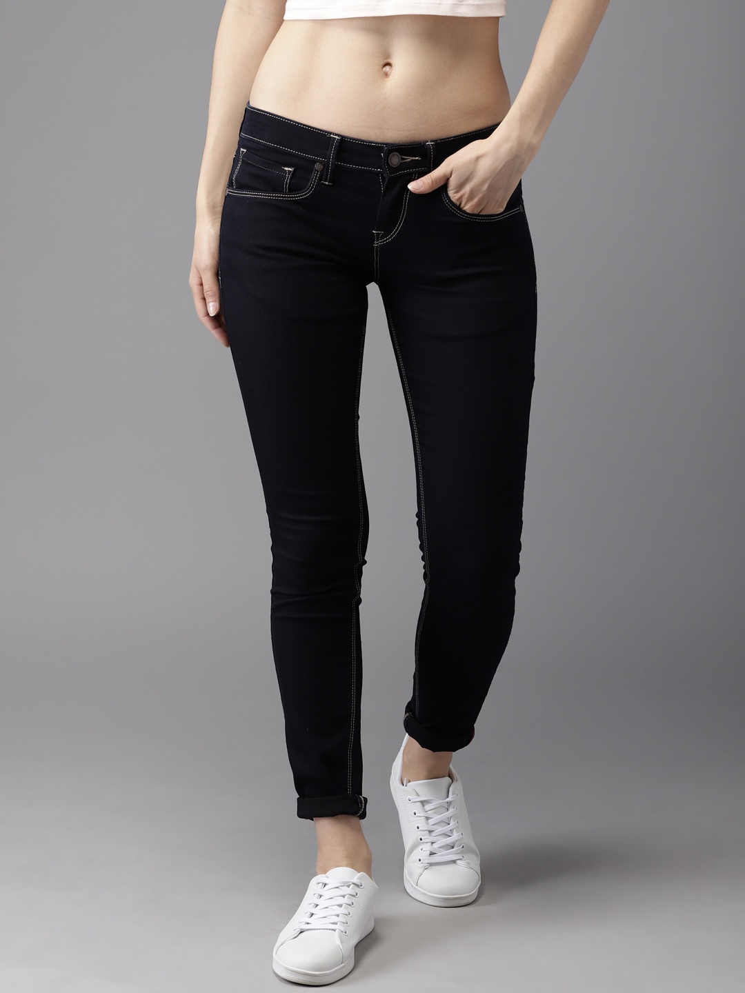 

Moda Rapido Women Navy Blue Skinny Fit Mid-Rise Cropped Clean Look Stretchable Jeans