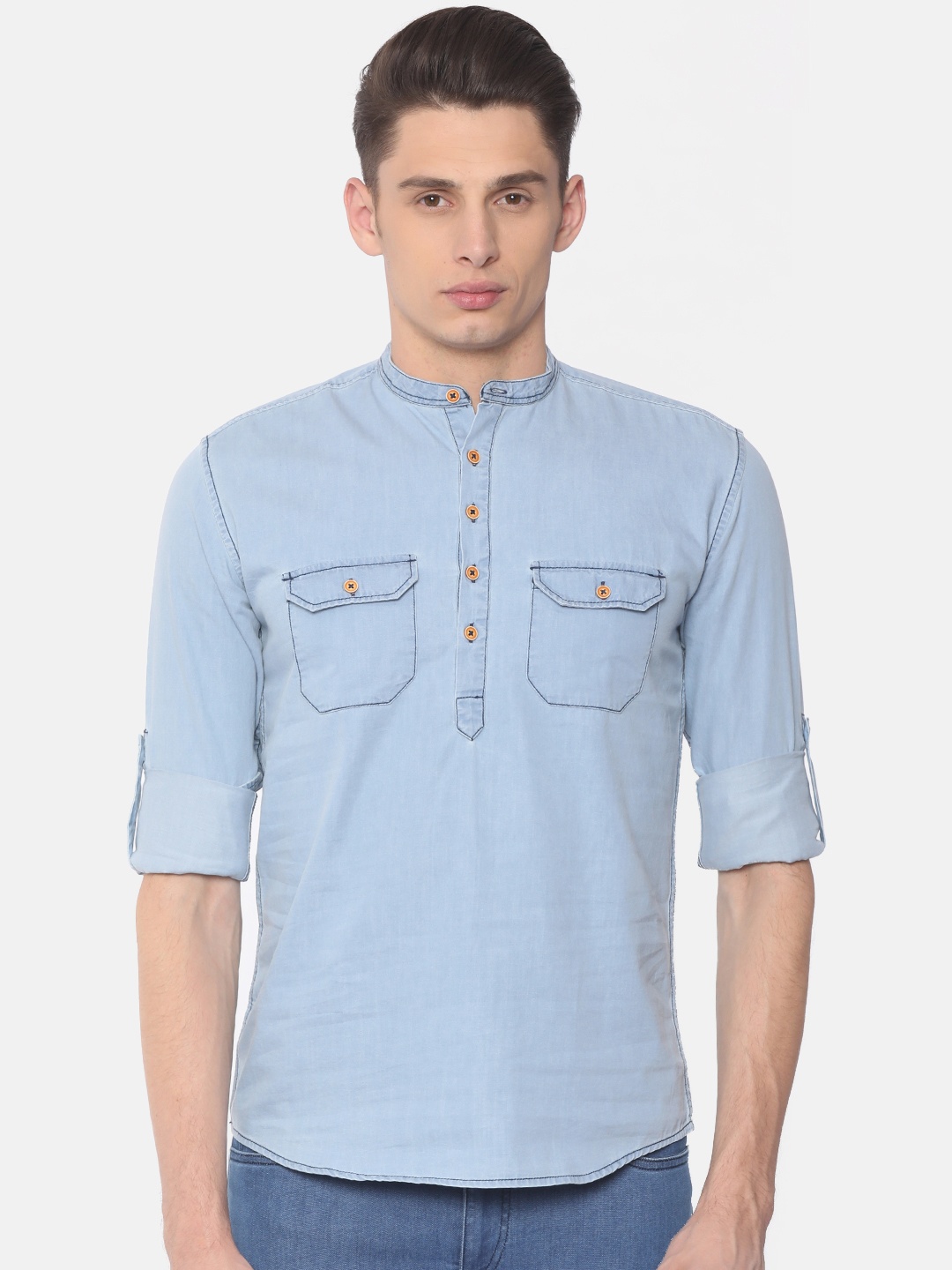 

Nature Casuals Men Blue Solid Chambray Straight Kurta