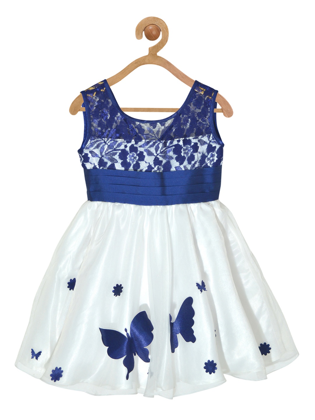 

pspeaches Girls White and Blue Printed Fit and Flare Dress
