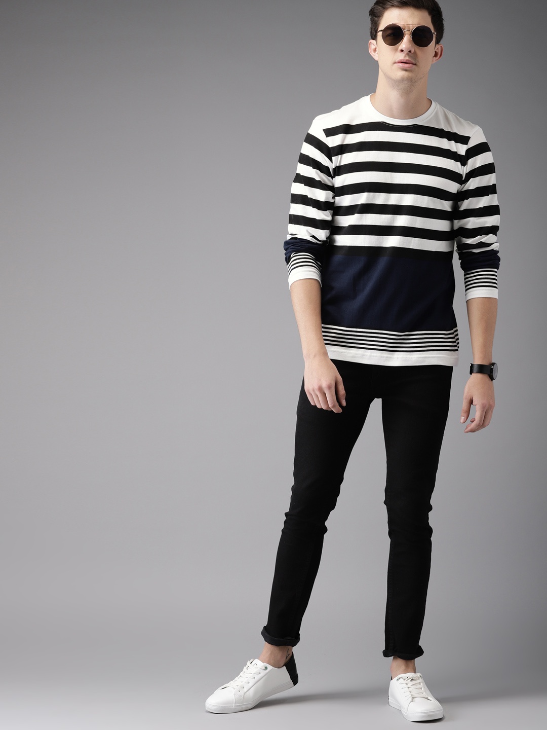 

HERENOW Men White Striped Cotton Pure Cotton T-shirt