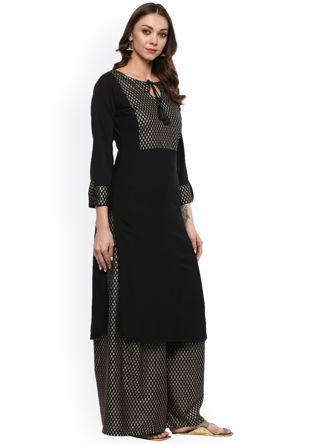 

ZIYAA Women Black Foil Print Straight Kurta