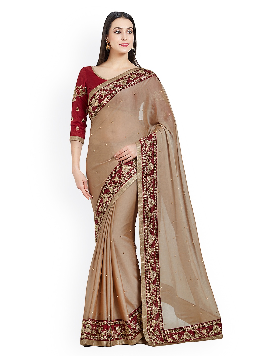 

Indian Women Brown & Maroon Pure Chiffon Embellished Saree