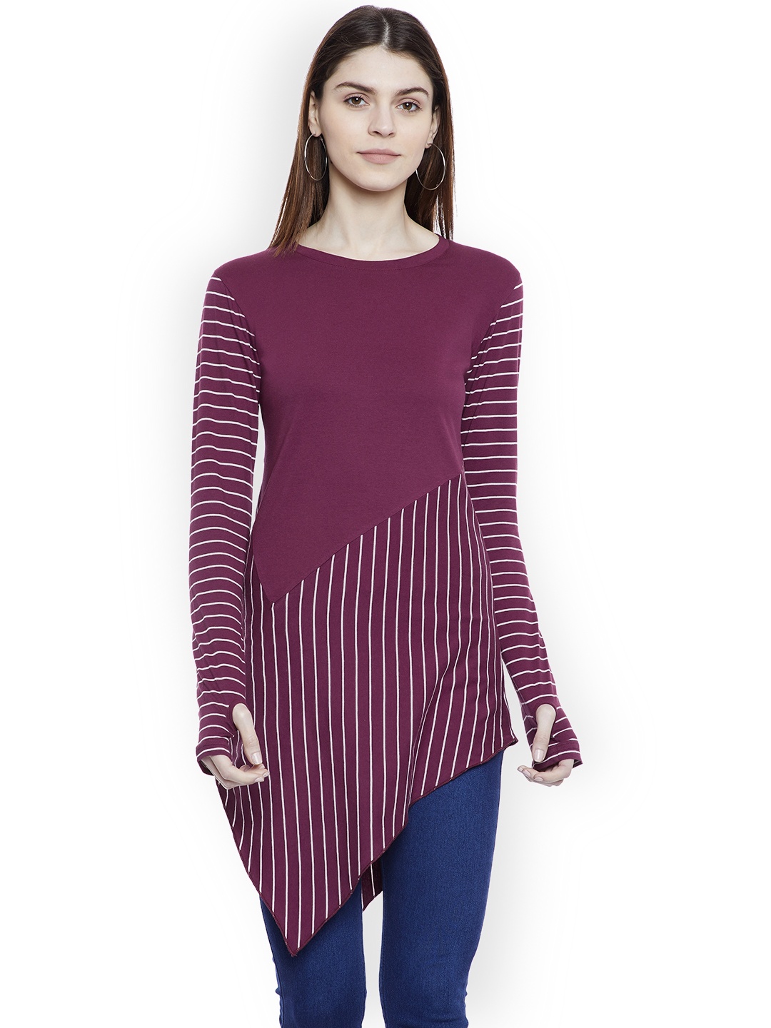 

Hypernation Women Purple Striped Asymmetrical Pure Cotton Top