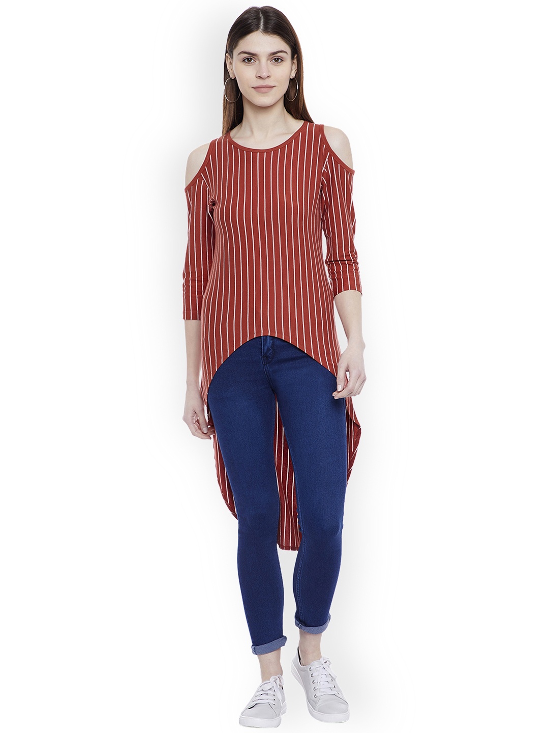 

Hypernation Women Orange Striped High-Low Cold Shoulder Top