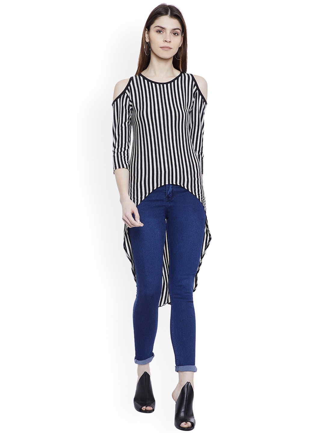 

Hypernation Women Black Striped High-Low Cold Shoulder Pure Cotton Top