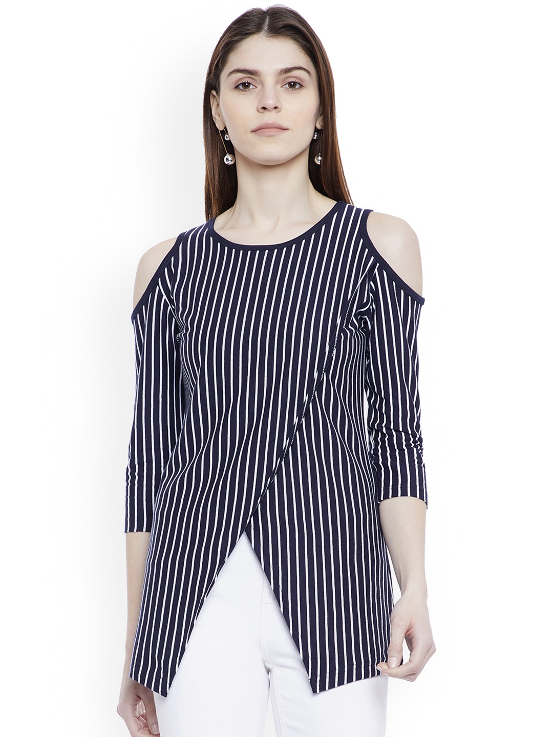 

Hypernation Women Navy Blue & White Striped Cold Shoulder Pure Cotton Top