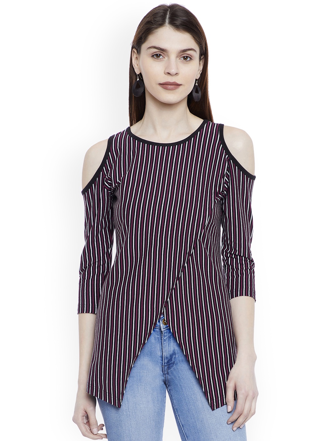 

Hypernation Women Black & White Striped Cold Shoulder Top