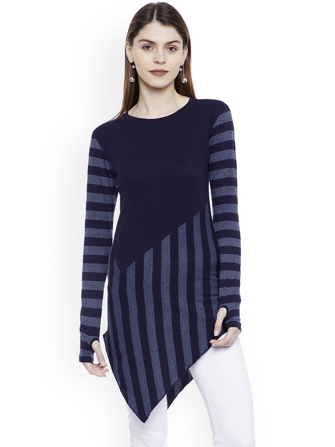 

Hypernation Women Blue Striped Asymmetrical Pure Cotton Top, Navy blue