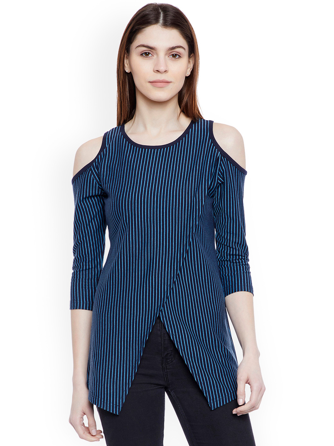 

Hypernation Women Blue Striped Cold Shoulder Pure Cotton Top
