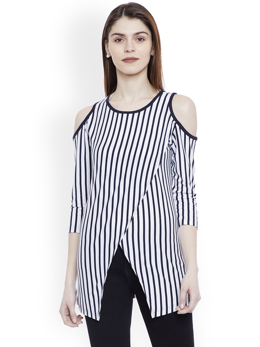 

Hypernation Women White & Navy Blue Striped Cold Shoulder Top