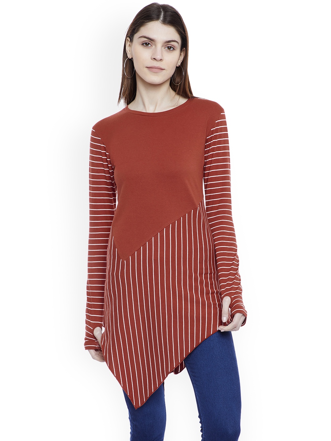 

Hypernation Women Orange Striped Asymmetrical Top