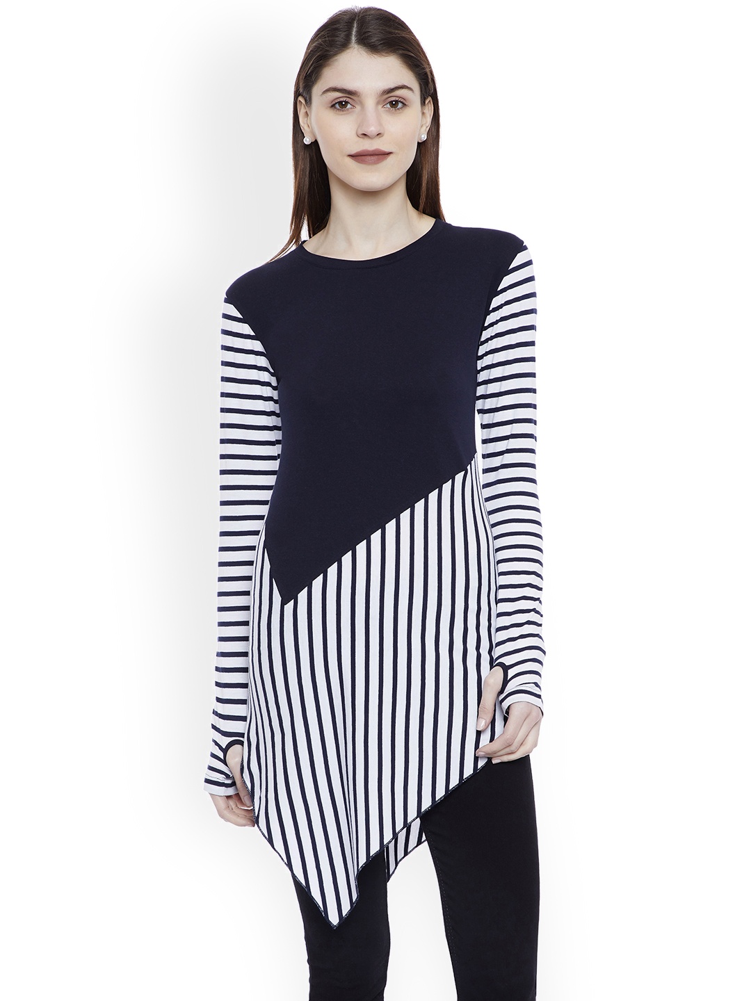 

Hypernation Women White & Navy Blue Striped Asymmetrical Top
