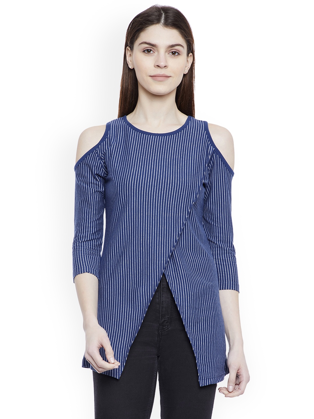 

Hypernation Women Blue Striped Regular Cold Shoulder Top