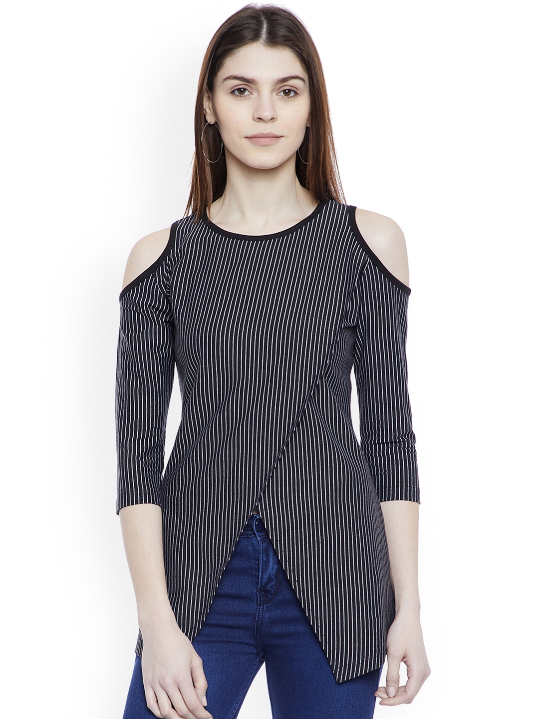 

Hypernation Women Black Striped Cold Shoulder Top