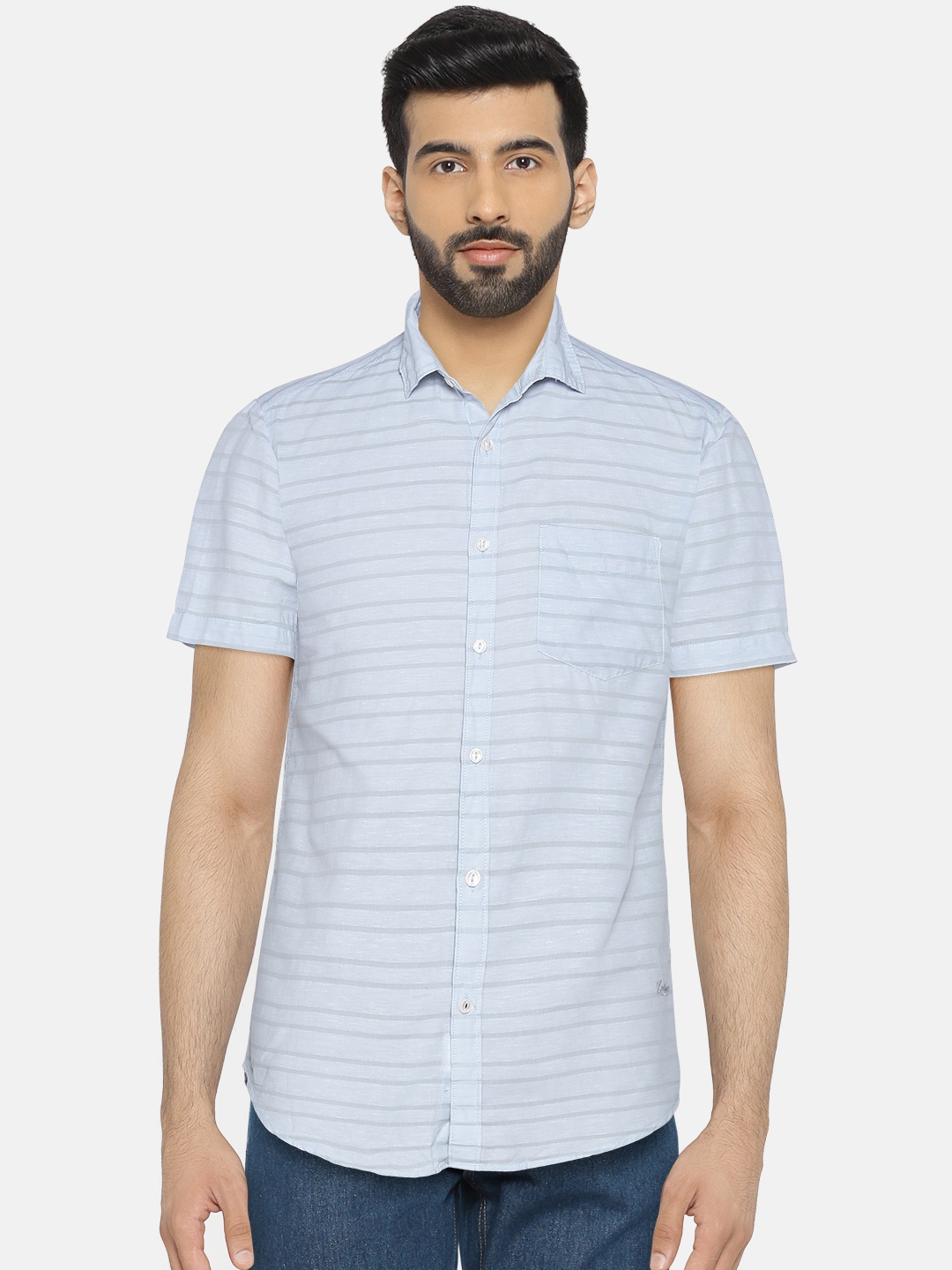 

LOCOMOTIVE Men Blue & Grey Slim Fit Striped Casual Shirt