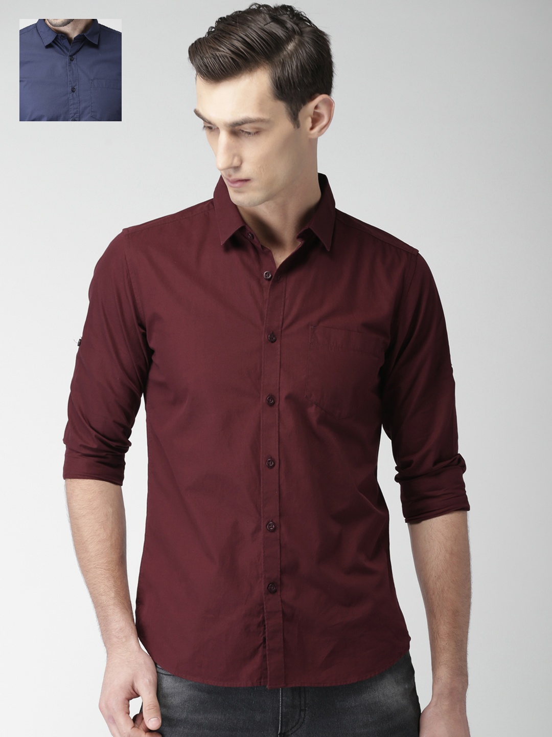 

HIGHLANDER Pack Of 2 Navy Blue & Maroon Solid Slim Fit Shirts