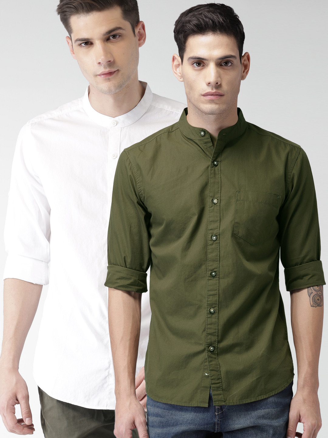 

HIGHLANDER Men Pack Of 2 Solid Shirts, Olive