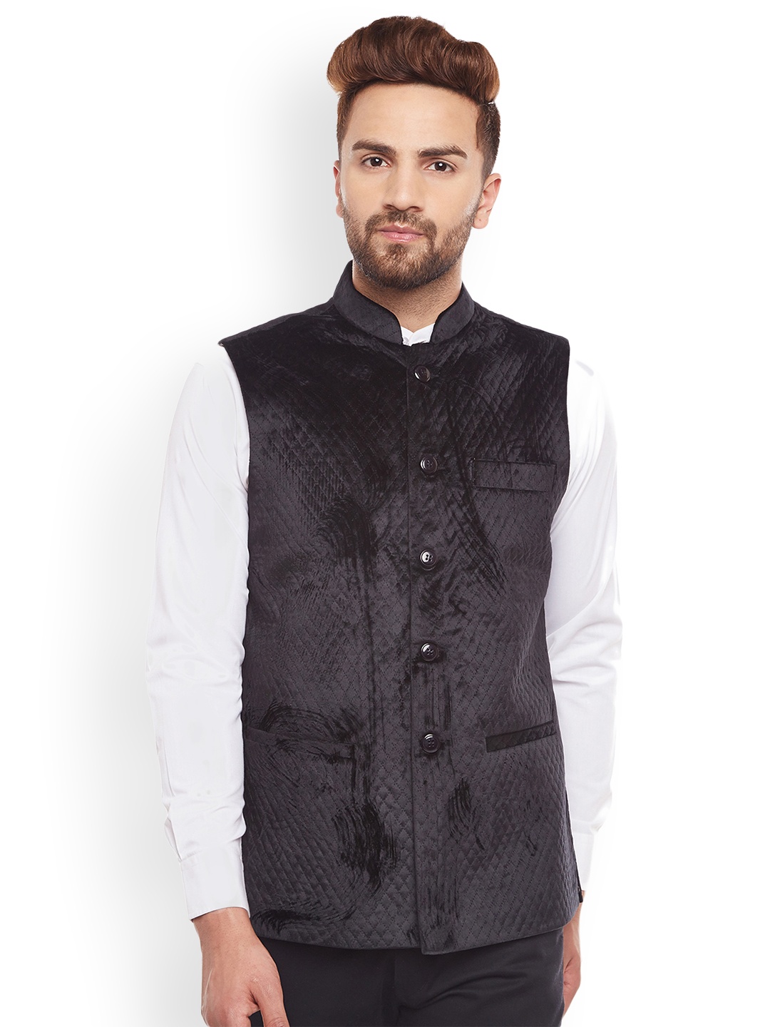 

Hancock Black Woven Design Nehru Jacket