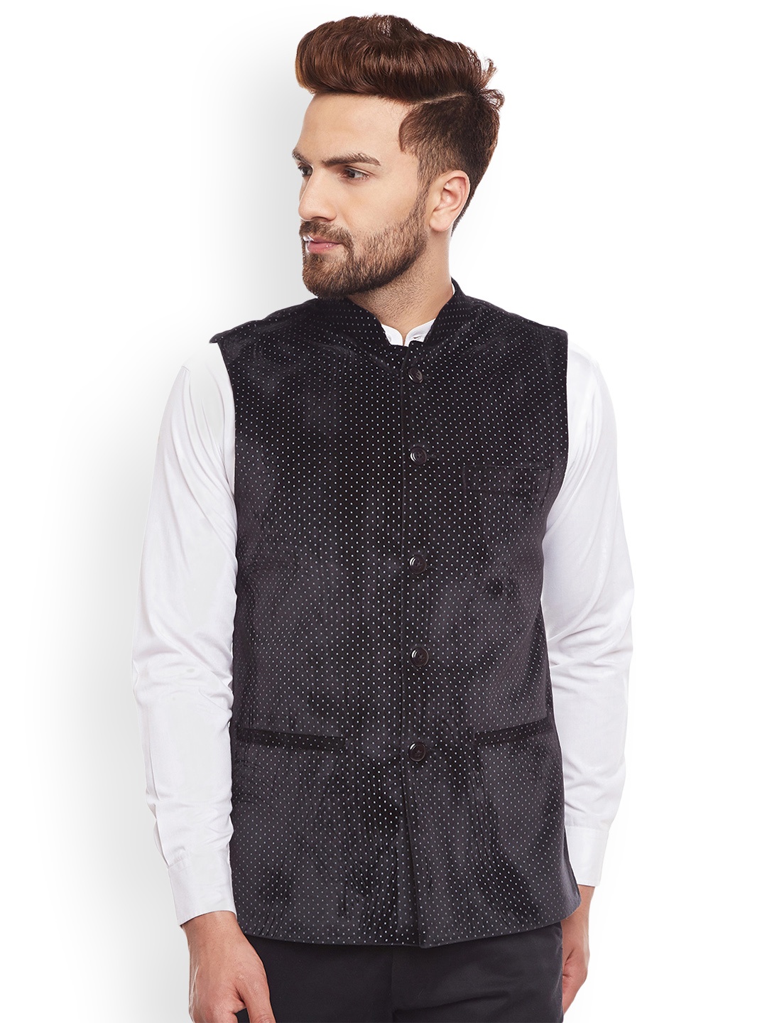 

Hancock Black Printed Nehru Jacket