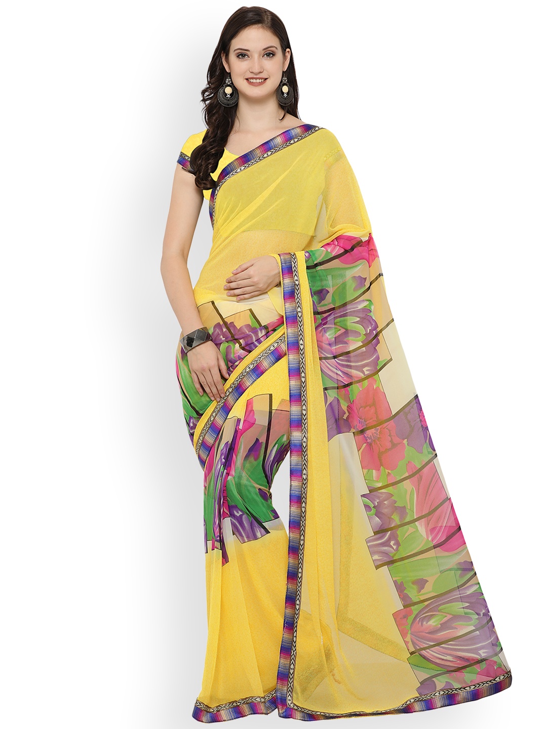 

Blissta Yellow Printed Poly Georgette Saree